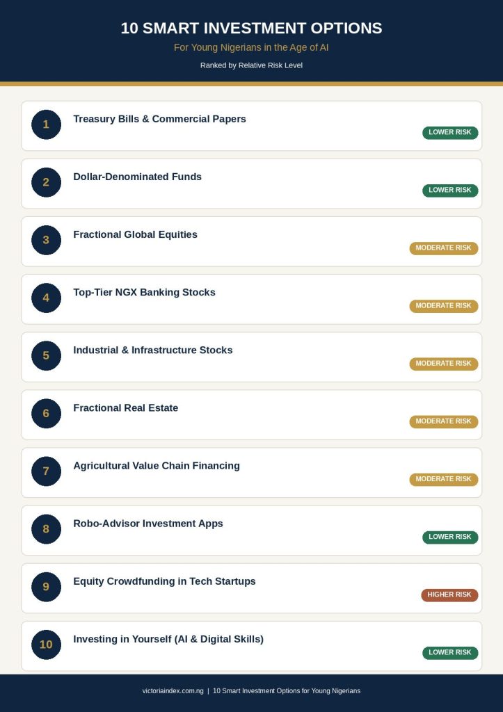 Numbered list infographic of 10 investment options for young Nigerians, each tagged with a lower, moderate, or higher risk level