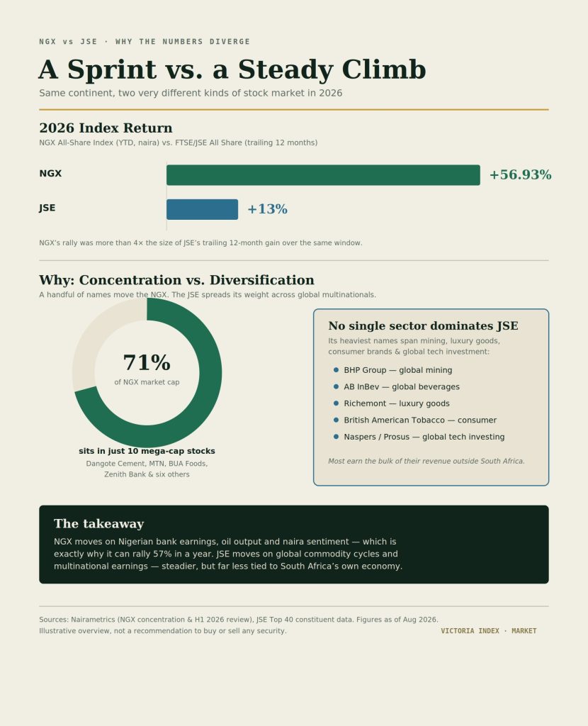 Infographic showing NGX's 56.93% 2026 return versus JSE's 13% return, with a breakdown of market concentration on each exchange