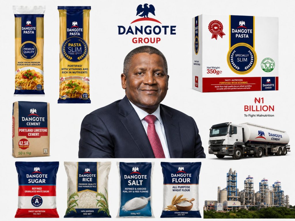 Aliko Dangote pictured with Dangote Group products including pasta, cement, sugar, rice, salt and flour