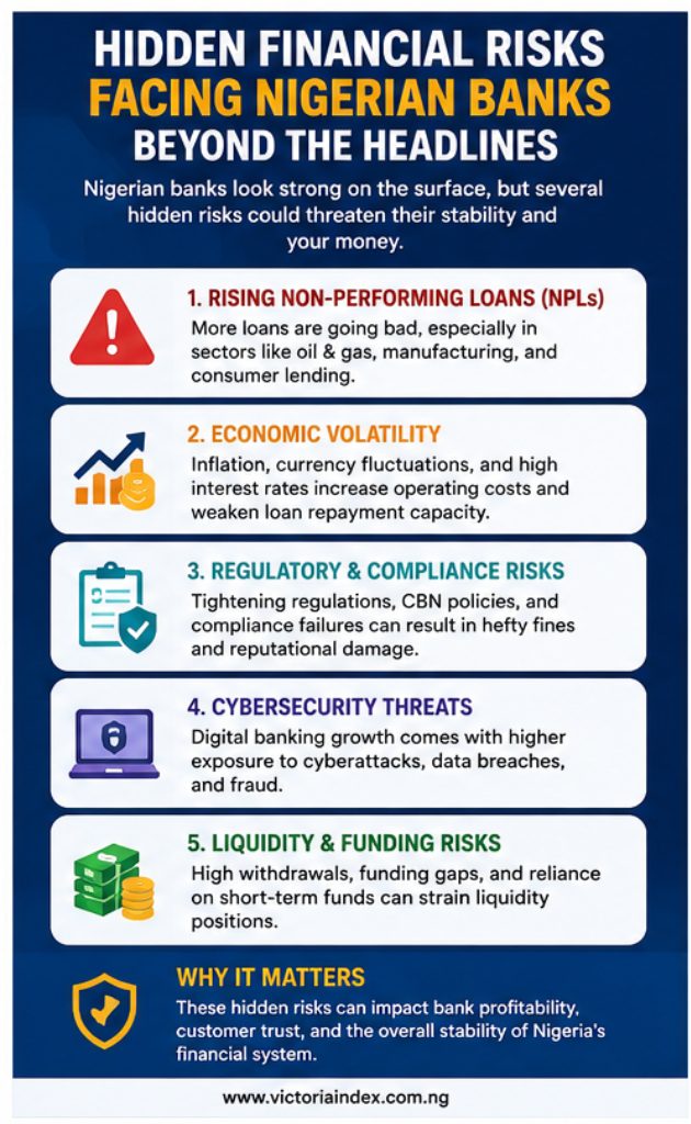 Infographic highlighting major hidden financial risks facing Nigerian banks, including credit risk, liquidity risk, interest rate risk, operational risk, and regulatory compliance risk.