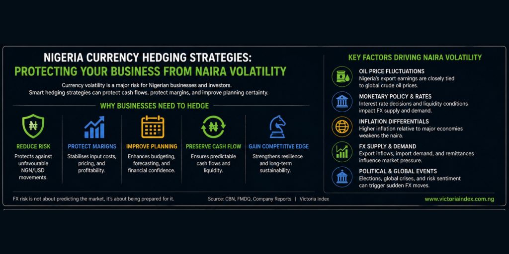 Infographic explaining why Nigerian businesses and investors use currency hedging strategies to reduce naira volatility risks and protect financial planning and cash flow.