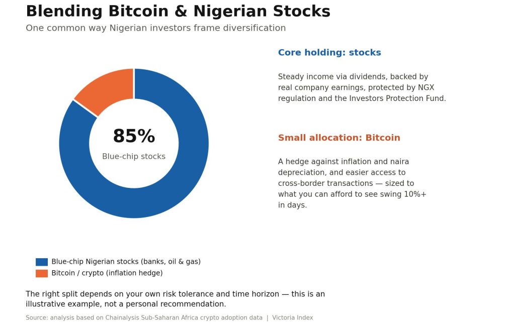 Donut chart illustrating an 85% blue-chip Nigerian stocks and 15% Bitcoin portfolio allocation, showing stocks as the core income holding and Bitcoin as a small inflation hedge