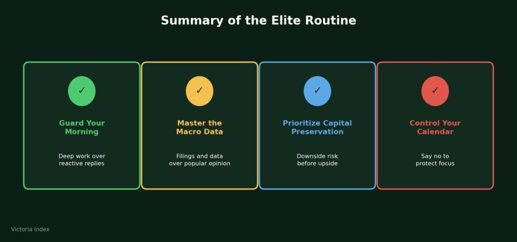 Four-panel checklist summarizing the elite investor routine: guard your morning, master the macro data, prioritize capital preservation, and control your calendar