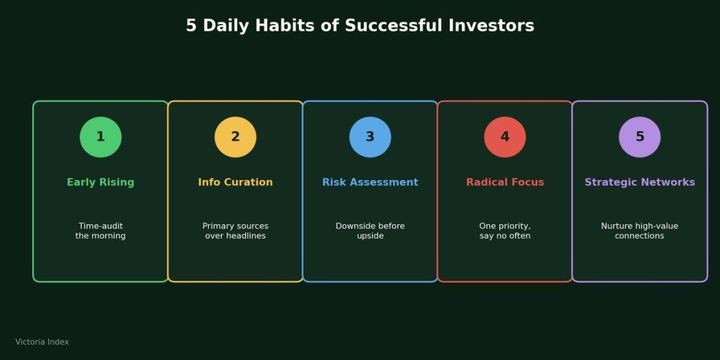 Five-panel graphic listing daily habits of successful investors: early rising, information curation, risk assessment, radical focus, and strategic networks