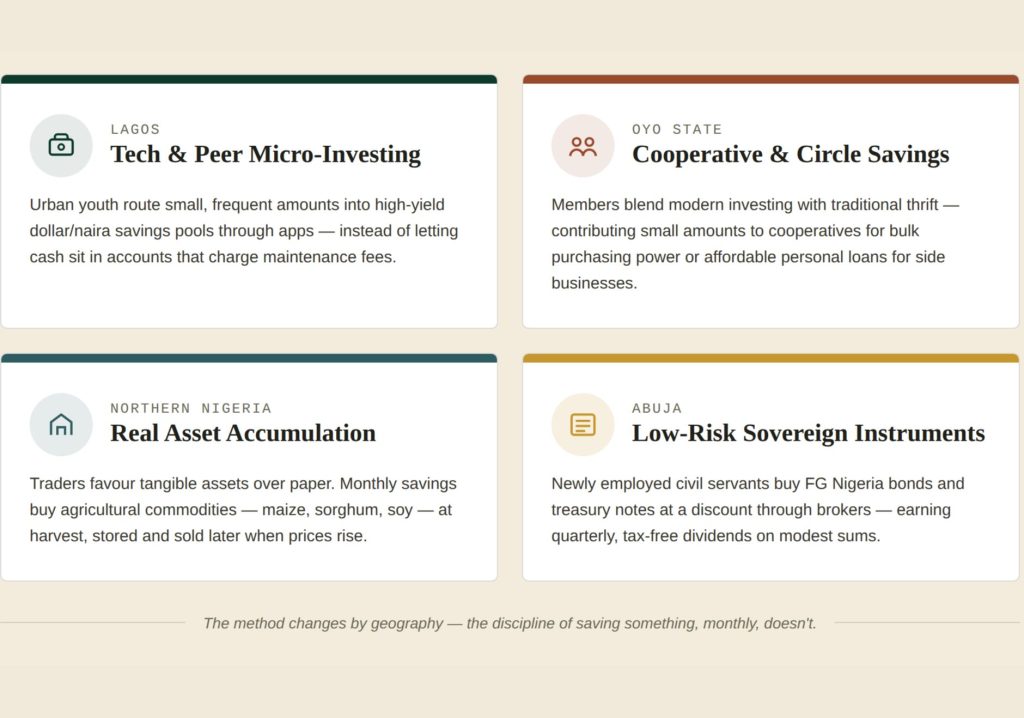 Infographic comparing four wealth-building tactics used across Nigeria: tech micro-investing in Lagos, cooperative savings in Oyo State, agricultural asset trading in Northern Nigeria, and government bonds and treasury bills in Abuja.